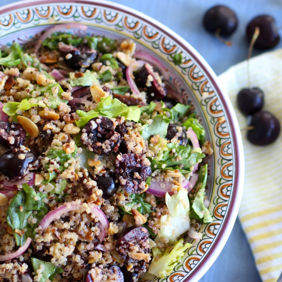 Gluten-free-dairy-free-vegan-Quinoa-Salad-with-Cherries-and-Almonds-in-a-honey-ginger-dressing-From Jessica's Kitchen