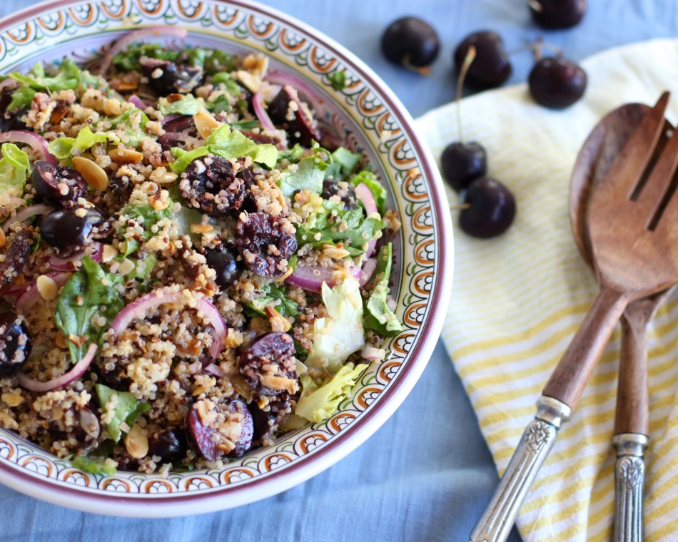 Gluten-free-dairy-free-vegan-Quinoa-Salad-with-Cherries-and-Almonds-in-a-honey-ginger-dressing-From Jessica's Kitchen