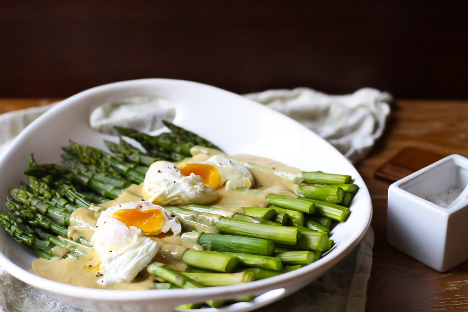 Asparagus with Mustard Anchovy Vinaigrette + Poached Eggs {gluten free, dairy free, soy free}