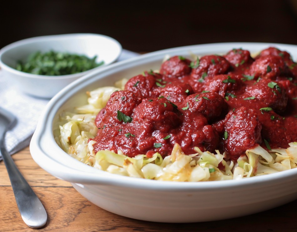 Sweet and Sour Meatballs over Cabbage, a modern take on stuffed cabbage (dairy free, gluten free, nightshade free, paleo friendly, soy free)
