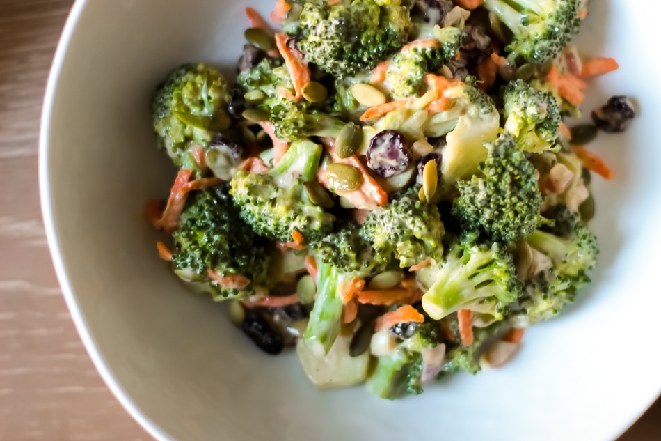 Broccoli salad with Tahini Honey Dressing (gluten free, dairy free, paleo friendly, nut free, refined sugar free, vegan friendly)